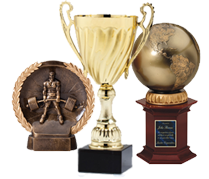 Metal cups, globe award, world trophy